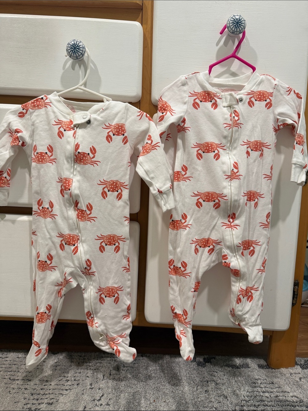 Twin set. Crab-Print White & Coral Baby One-Piece Footed Pajamas
